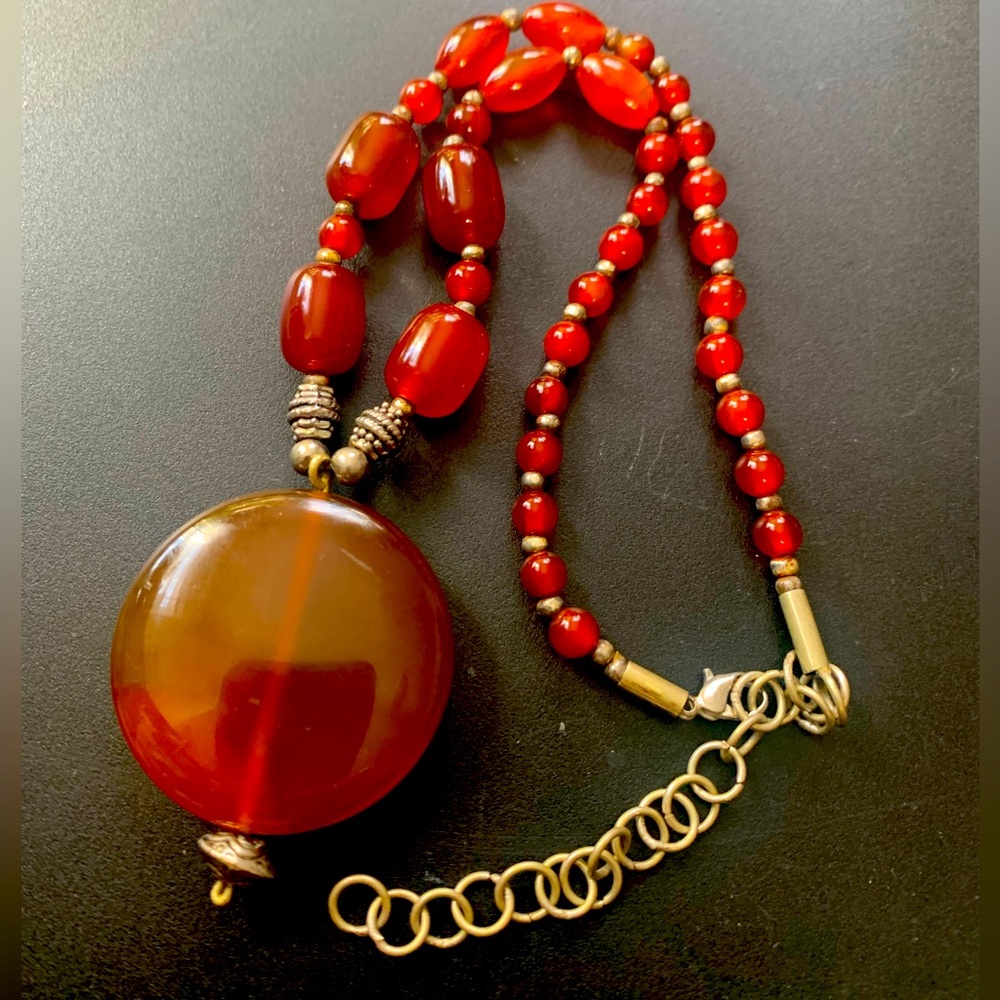 Carnelian stone necklace silver tone natural stone 15-19”